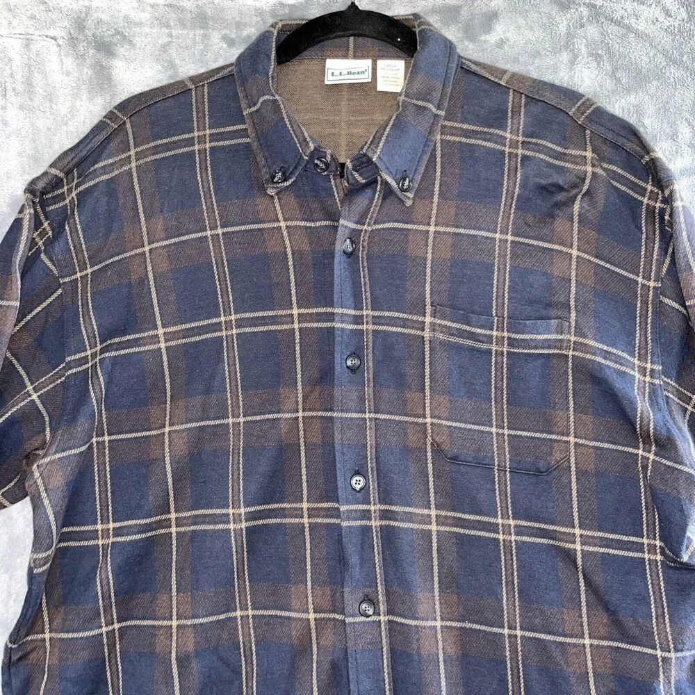L.L. Bean Men Brown Navy Sz L Long Sleeve Button Up 100% Cotton Stretch‎ Vintage